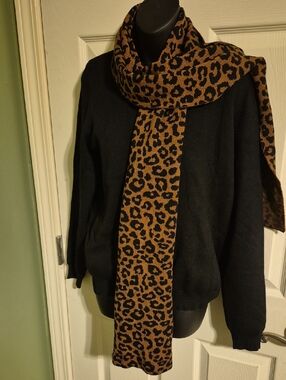 Leopard Print Knit Scarf in Brown and Black Connected . T o Black Sweater